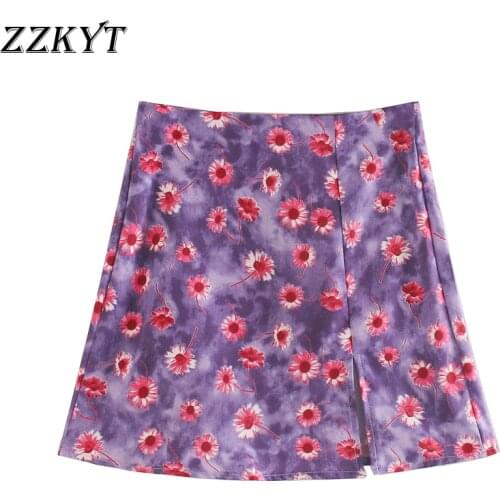 ZZKYT 2021 Women Summer Fashion Floral Print Split Mini Skirt Vintage A Line High Waist Short Skirts Casual Faldas Vestidos