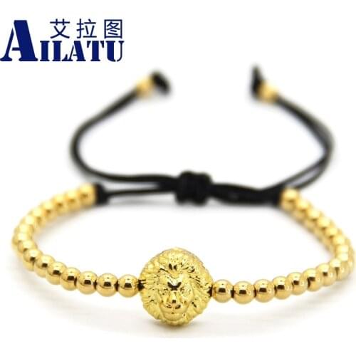 Ailatu King Lion Head Charm Braiding Macrame Bracelet Jewelry with 4mm Bronze Beads Free Shipping