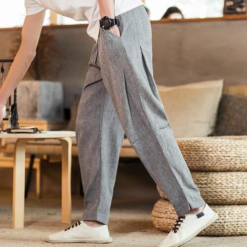 Summer Chinese Style Men Thin Casual Cargo Pants Retro Linen Loose Small Foot Large Cotton Streetwear Joggers Overalls Trousers