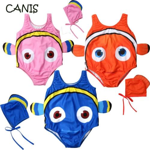 Kids Baby One-Piece Suits 2 Pcs Kids Baby Girls Swimsuit Goldfish Swimwear Beachwear Costume Swimming Hat Print Summer 2020