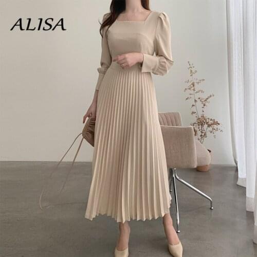 Elegant Pleated Dress Women Vintage Square-neck Bandage Office Dresses Ladies Fashion Spring Autumn Party Dress Long Robe