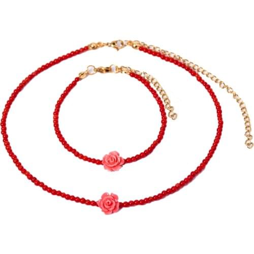 KBJW Romantic Beaded Choker Bracelet Set 3mm Red Coral Jewelry Set Stainless Steel Metal 18K Gold Plated Metal Necklace for Girl