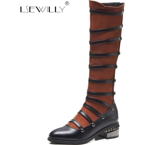 Lsewilly Womens Punk Gothic Gladiator Knee High Boots Buckle Flock Block Med Heels Black Brown Ladies Shoes Knight Boots E151
