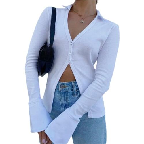 2021 Fashion Elegant Casual Lady T-Shirt Cardigan Women Long Flare Sleeve Turn-Down Collar Solid Slim Crop Top Autumn Sexy Tee