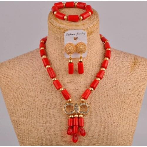 Trendy African Bead Jewelry Set Nigeria Wedding Red Coral Necklace Bracelet Earrings Free Shipping SH-08