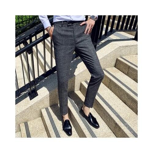 Mens Dress Pants Slim Fit Grey Smart Pants Plaid Formal Trousers Office Costume Homme Men Slacks Business Suit Pants 2020