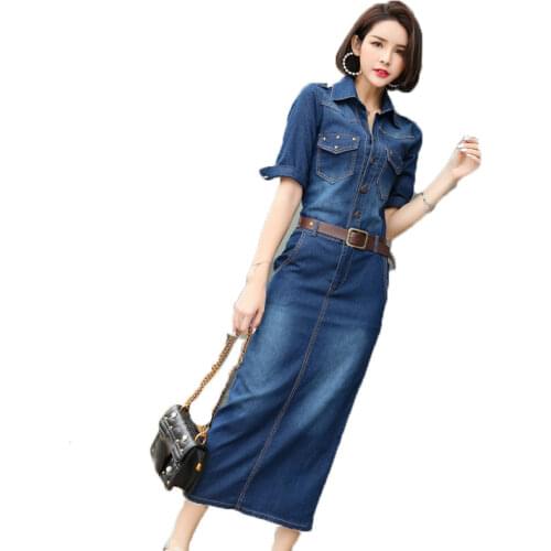 Spring Autumn Denim Dress Women Korean Short Sleeves Bodycon Lapel Office Lady Work Long Jeans Dress Female Cowboy Midi Dresses