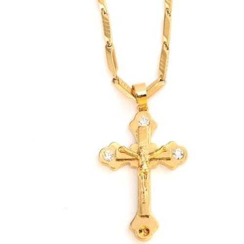 Women Cross Pendant 24 k Solid Fine Yellow Gold GF CZ Charms Lines Necklace Christian Jewelry Factory God gift
