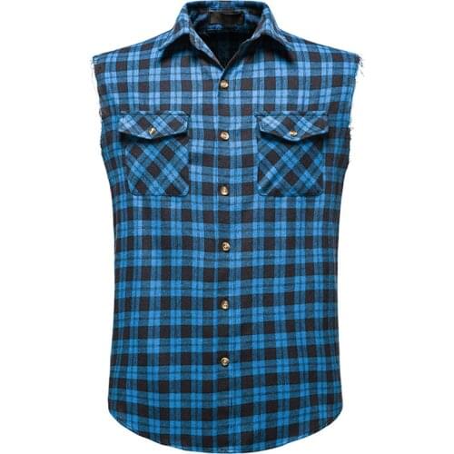 Blue Plaid Shirts Men Summer Brand New Casual Sleeveless Mens Shirt Double Cowboy Pocket Camisas Breathable Oversize Vest
