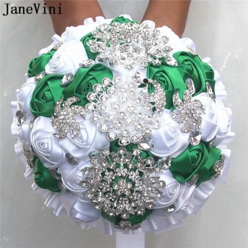 JaneVini Vintage Satin Rose Bridal Wedding Bouquets Handmade Green White Flowers Rose Crystal Beaded Bridal Bouquets with Ribbon