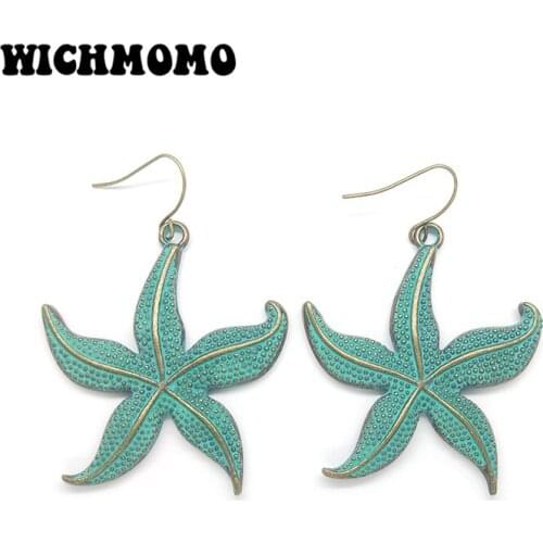 2019 New Fashion 1 Pair Retro Patina Plated Zinc Alloy Green Starfish Earrings for Womens Fashion Jewelry Gifts Date and Party