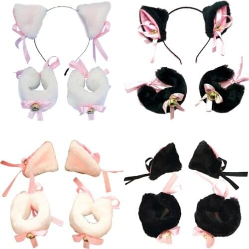 Girls Cat Pattern Ears Plush Hair Hoop Lolita Bell Bow Hairpin Bracelet Set Party Headdress Anime Cosplay Kawaii Accessories