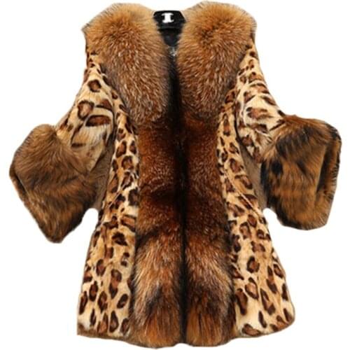 2021 Leopard Faux Fur Coat Women New Winter V-Neck Fashion Long Top Plus Size Loose Autumn Casual Warm Raccoon Fur Jacket N1264