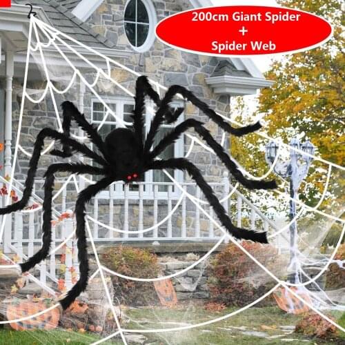 150/200cm Black Scary Giant Spider with Huge Spider Web Halloween Decoration Props Haunted House Indoor Outdoor Giant Decoration