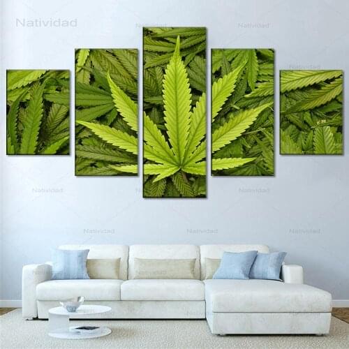 5 Pieces Green Leaves Weed Pot Modular Pictures Canvas Painting On Wall Art Posters Home Decoration Prints for Living Room Home