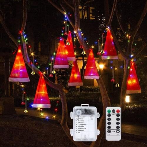 8 Modes Glowing Santa Hats With Small Bells Christmas Decor Hanging Lighted Xmas Light String For Home Garden Yard Tree
