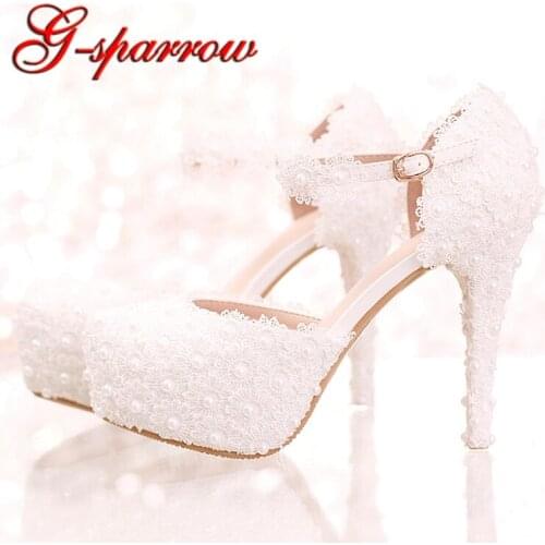White Lace Flower Bridal Shoes High Heel Round Toe Fashion Wedding Pumps with Ankle Straps Women Sandals Bridesmaid Shoes
