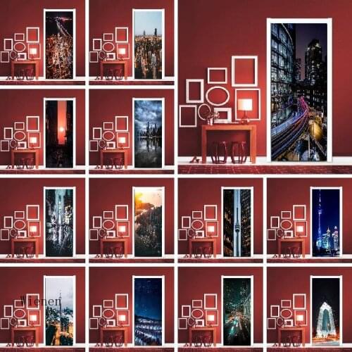 Decorative Home Modern City Night View Door Stickers Waterproof And Moisture-proof Stickers Renovation Self-adhesive Bedroom PVC