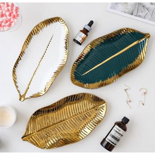 Ceramic Tableware Luxury Golden Banana Leaf Tray Storage Tray Fashion Creative Dessert Fruit Dessert Plate Kitchenware Decor