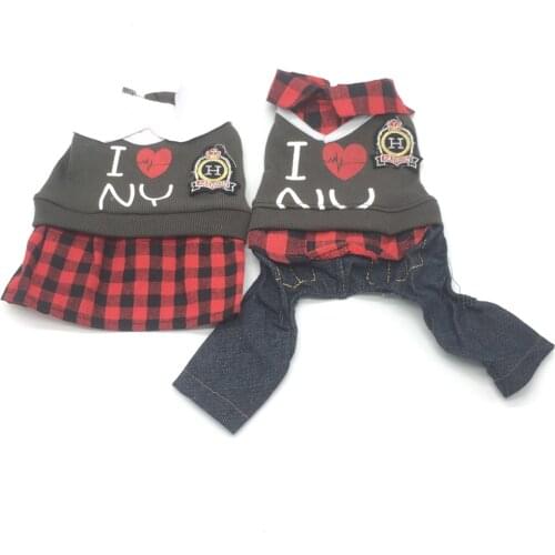 Plaid Shirt With Denim Pants Vest Overall For Dog Autumn Winter Pet Fashion Clothes Set For Small Medium Animal Chihuahua Yorkie