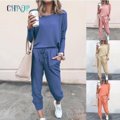 CHAOP 2 Piece Set Women Tracksuit Sweatshirt + Elastic Waist Long Pants Casual Loose Sportwear Solid Female Outfits Clothing