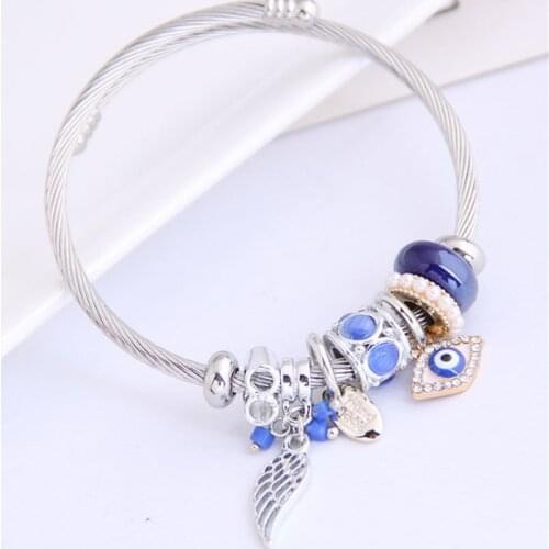 Personality Turkish Evil Eye Angel Wing Pendant Wire Bangles Adjustable Bracelets For Women Handmade Jewelry