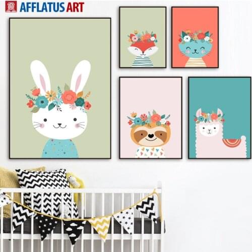 Cute Koala Rabbit Fox Alpaca Sloth Flower Wall Art Canvas Painting Nordic Posters And Prints Wall Pictures Baby Kids Room Decor