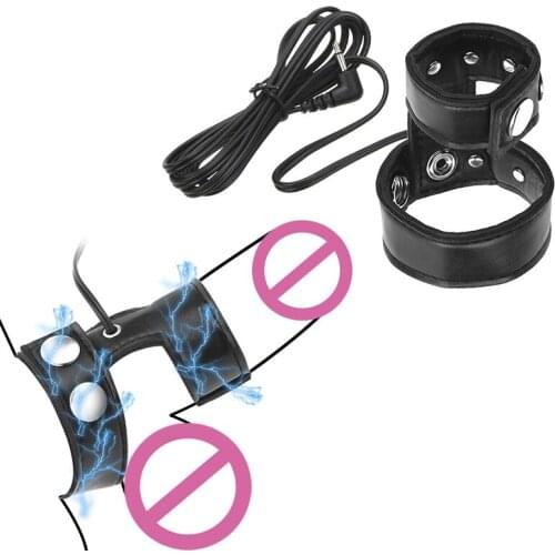 Male Electro Shock Cock Ring Leather Adjustable Penis Massager Adult Sex Toy for Men Gay Anal Stimulator Orgasm Machine