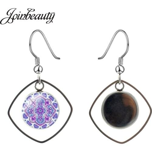 JOINBEAUTY 2020 New Arrival Mandala Henna Yoga Drop Earrings Buddhism Zen Women Square Hollow Out Fashion Dangle Earrings HN187