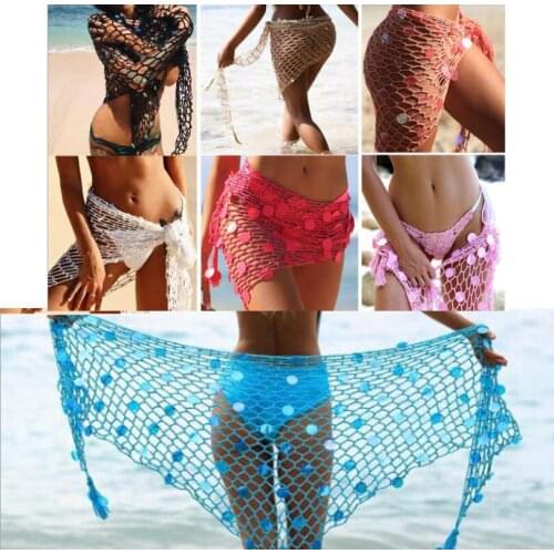 New Arrival 7 colorsSummer Sexy Women Sequin Hollow Out Fishnet Crochet Mesh Bikini Cover Up Swimwear Bathing Beach Dress