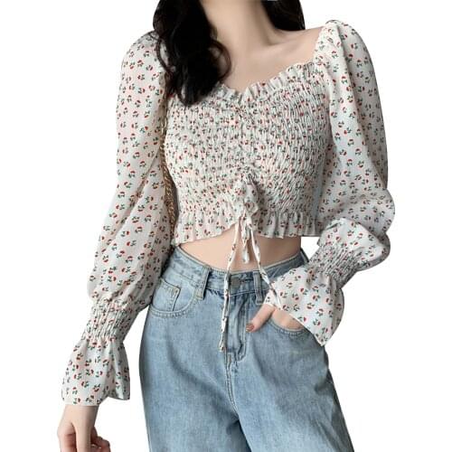 Fall Women Clothes Shirt Retro Square Neck Floral Bubble Long Sleeve High-Waist Wooden Ears Lace Up Crop Tops Drawstring Blouses
