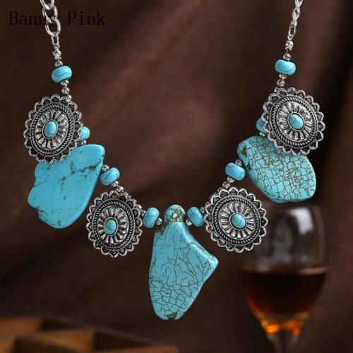 Bohemia Alloy Synthetic Stone Statement Pendant Necklace For Women Vintage Layer Dangles Choker Collar Fashion Jewelry Colliers