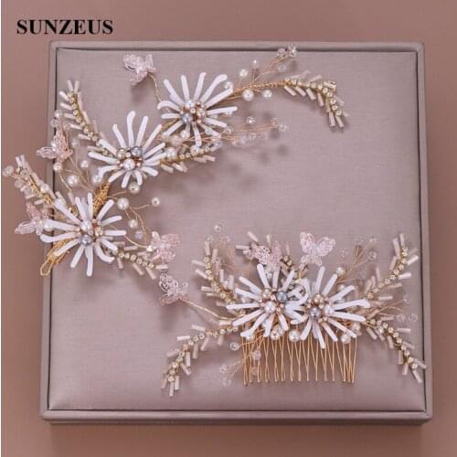 Hand-made Gold Bride Headpiece With Crystals Pearls Butterfly Wedding Comb Head Accessories Free Shipping SQ404