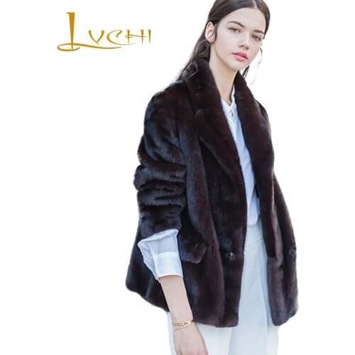 LVCHI Winter 2019 Mink Fur Coats Womens Long Sleeve Coat Pocket Button Real Natural Fur Violet Color Short Causal Mink Coats