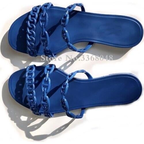 New Arrival Three Front Chains Women Summer Slippers Beachwear Outside Flats With Shoes Women Casual Blue Black Red Slides