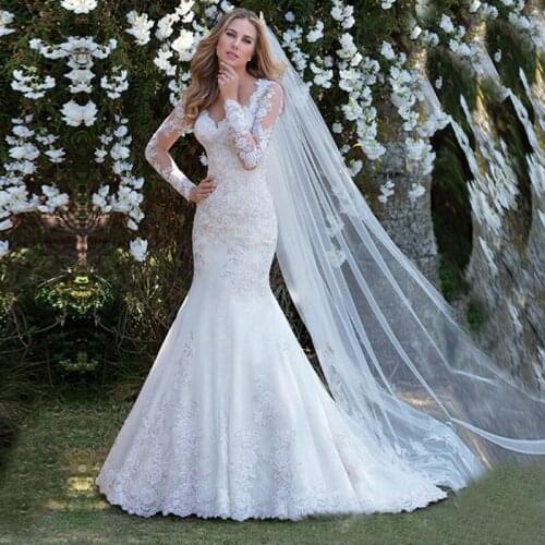 Mermaid long sleeve wedding dress long train 2020 lace applique bride dress white bride dress