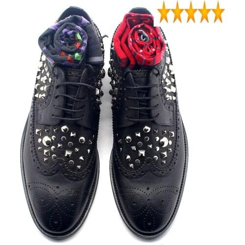 Rivet Mens Plus Studded Size Wing Tip Brogue Derby Handmade Formal Block Heels Genuine Leather Wedding Party Dress Shoes