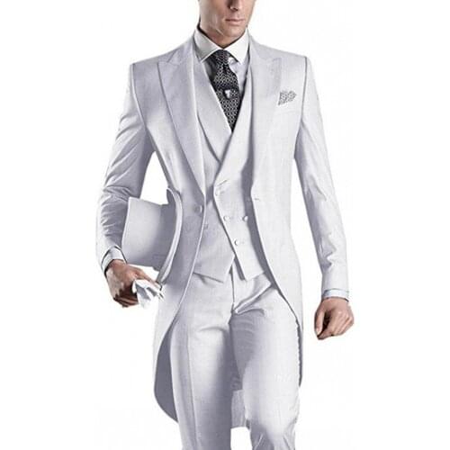 Morning Style Men Suits White Groom Tuxedos Peak Lapel Groomsmen Wedding Bridegroom 3 Pieces ( Jacket+Pants+Vest+Tie ) D110