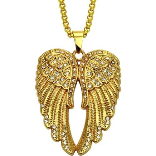 Hip Hop Rhinestones Paved Bling Iced Out Gold Angel Wing Pendants Necklace for Men Rapper Jewelry with 30inch rope chain