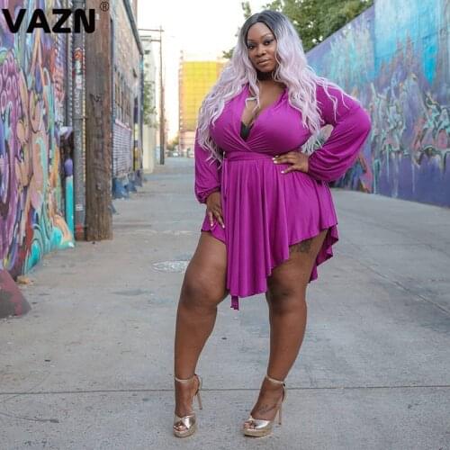 VAZN 2021 New Asymmetrical Sweet Office Lady Sweet Joker Solid Mature Plus Size V-Neck Full Sleeve High Waist Women Midi Dress