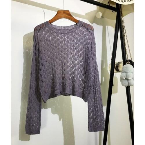 Knitted Hollow Out Women Sweater Pullovers Summer Vintage 2021 O-Neck Solid Flare-Sleeved Short Female Pulls Tops