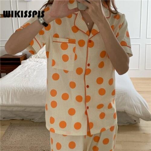 WIKISSPJS 2021 Summer Wave Point Leisure Student Round Dot Short Sleeve Pants Home Suit Pajamas Womens Cotton Lounge Wear