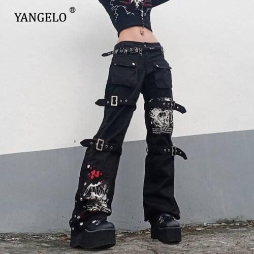 Yangelo Y2K Punk Skull Print Black Buckle Pants Harajuku High Waist Big Pocket Straight Trousers Goth Mall Grunge Fashion Pants