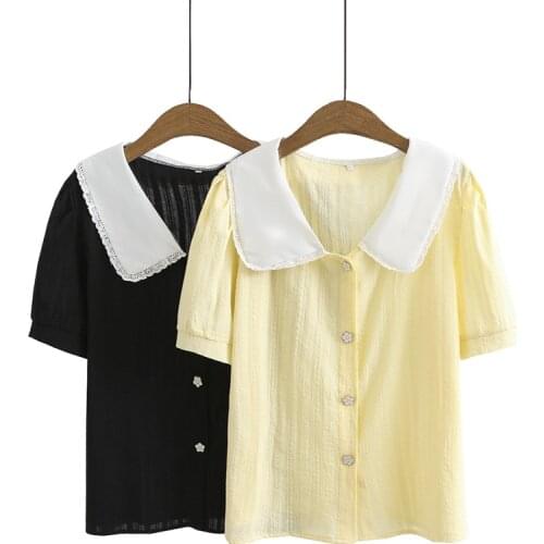 Womens Clothing T-Shirts Plus Size Summer Wear New 2021 Show Thin Loose VINTAGE Jacquard Peter Pan Tops With Puff Sleeves