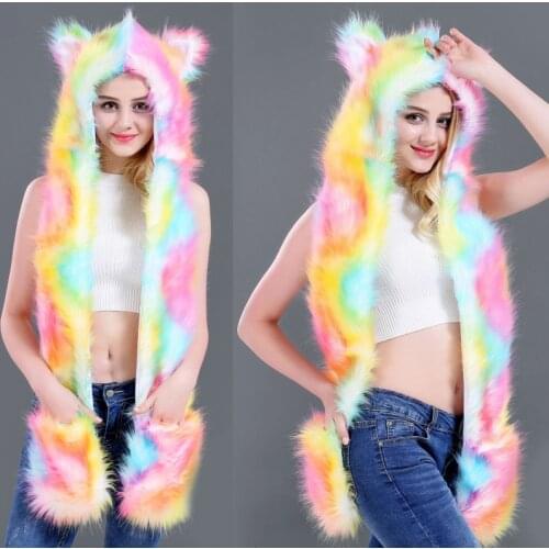 Women 3 In 1 Furry Animal Hat Scarf Gloves Mittens Multifunctional Rainbow Colorful Winter Fluffy Plush Hoodie with Paws Ears Ea