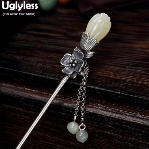 Uglyless Eastern Elegant Magnolia Natural Jade Hair Jewelry Women Thai Silver Flower Hair Sticks 925 Silver Hair Forks Tassels