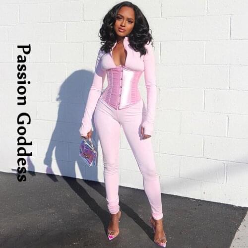 Fall Winter Women Long Sleeve Zipper Jumpsuits with Bandage Corset Elastic Skinny Rompers Full Overalls Jumpsuit Fitness Outfits