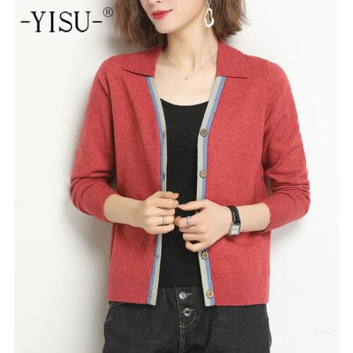 YISU 2021 Spring Women Sweater Cardigan Lapel Solid color Knitted Cardigan Long sleeve Simple Female Casual Loose Cardigan