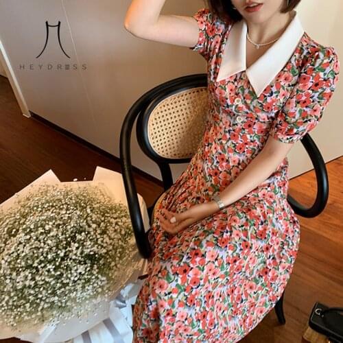 Heydress Office Lady Beach One Piece Dress Korean Casual 2021 Summer Sweet Elegant Dress Women Short Sleeve Floral Printed Dress