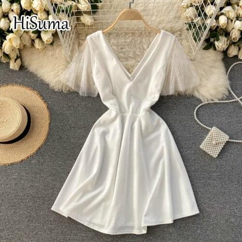 2021 spring summer new women deep V collar stitching mesh fairy A-line dress female V-neck Chic elegant waist slim party dresses